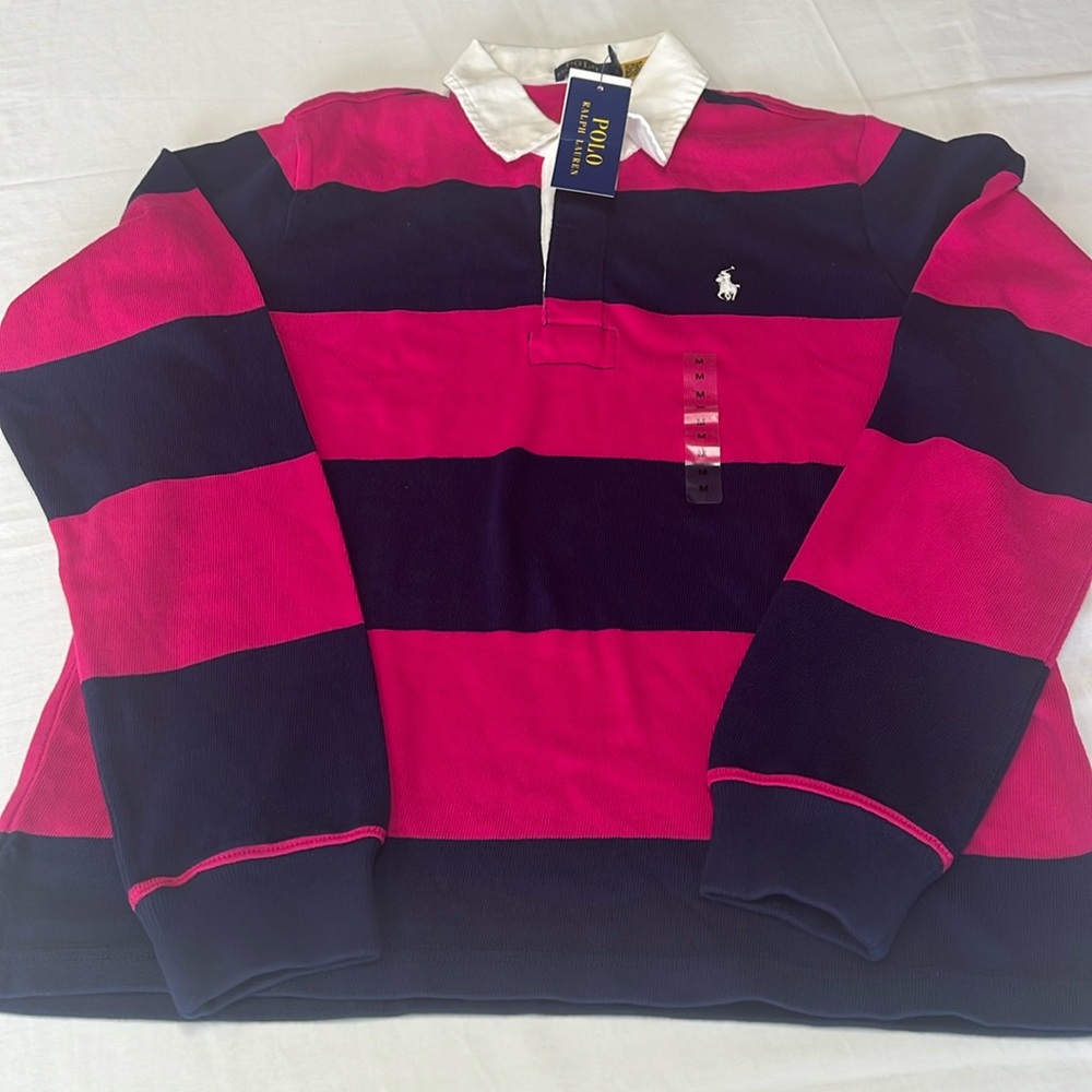 Polo Ralph Lauren Women's Stripe Rugby Shirt Deckwash Pink/Fall Royal. M